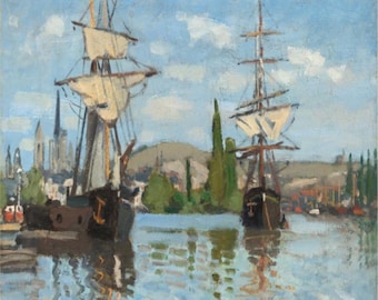 Claude Monet Paint by Numbers Kit, Framed Art, Ships Riding on the Seine at Rouen, Adult Painting, Vintage Art, PBN, Free Shipping