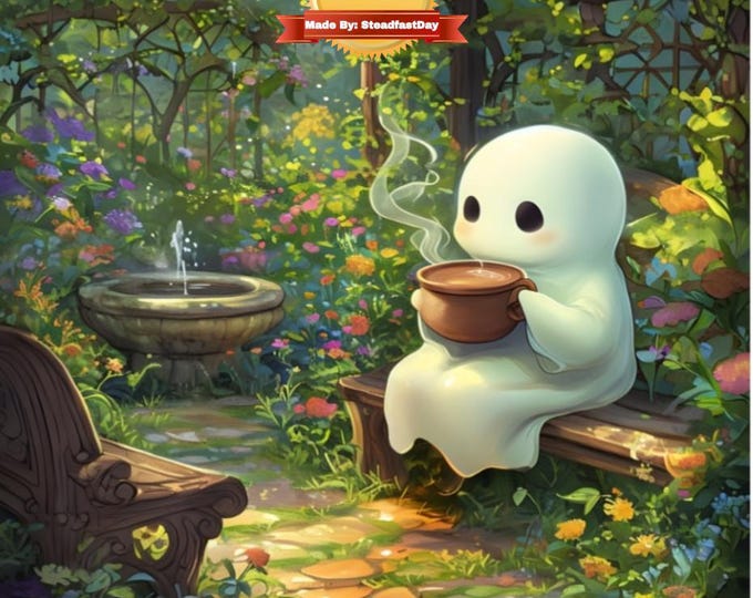 Ghostly Figure Garden Paint Kit, Pre-Framed Canvas, Painting Kit, Warm Beverage Spirit Design, Art Project, Display Stand Included, DIY