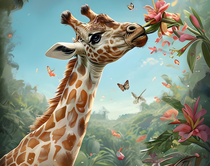 Framed Giraffe Paint by Numbers Kit: Tropical Flowers, HD Printing (16x20)