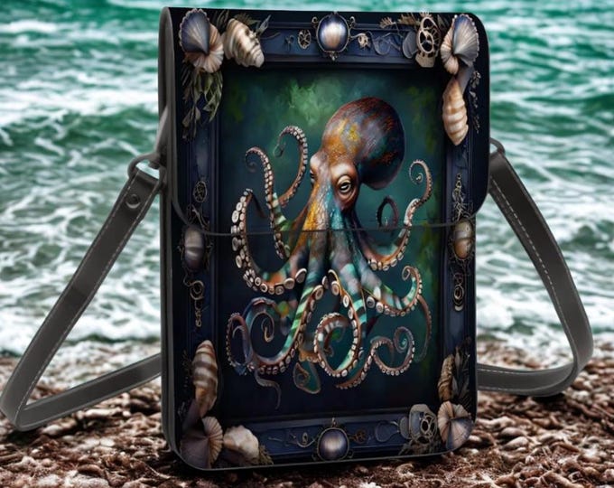 Octopus Leather Cell Phone Purse, Adjustable Crossbody, Shoulder Strap Purse, Shell Design Framed, Sea Inspired Bag