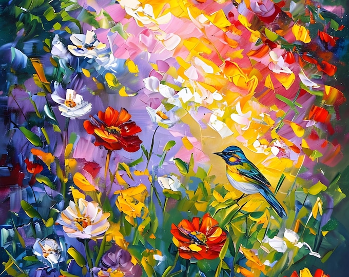 Diamond Painting, Bird, Wildflowers, Vibrant Colors, DIY, Diamond Painting with Frame, Framed Canvas, 20"x28” or 16”x20”, Diamond Art, Gift