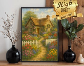 Garden Cottage Wooden Puzzle 300 500 1000 Pieces | Storybook House Art Jigsaw Puzzle | Cozy Floral Cottagecore Puzzle Gift