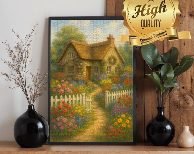 Garden Cottage Wooden Puzzle 300 500 1000 Pieces | Storybook House Art Jigsaw Puzzle | Cozy Floral Cottagecore Puzzle Gift