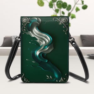 Customizable, Leather Cell Phone Purse With Shoulder Strap Elegant Abstract Design With Flowing Ink,  Green, Black and Gold Framed Designs