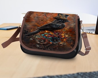 Steampunk Raven Shoulder Bag, Gothic Crow Art Crossbody