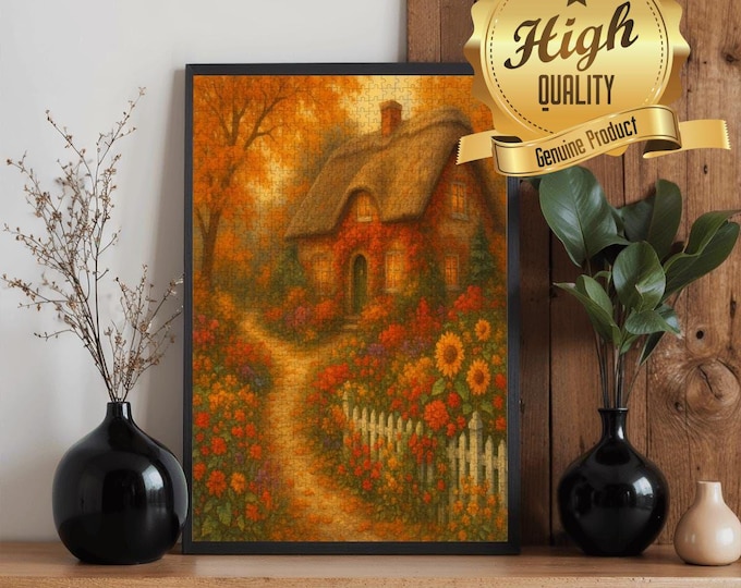 Autumn Cottage Wooden Puzzle 300 500 1000 Pieces | Cozy Fall House Art Jigsaw Puzzle | Cottagecore Scenic Puzzle Gift for Adults