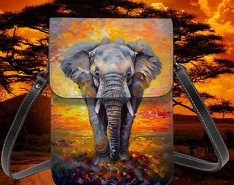 Sunset Elephant Leather Cell Phone Purse: Crossbody or Shoulder Bag with Adjustable Removable Strap