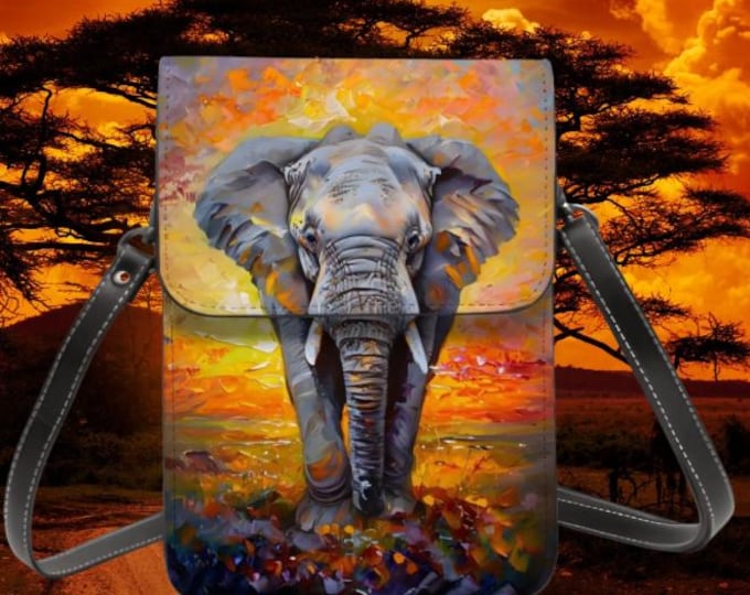 Sunset Elephant Leather Cell Phone Purse: Crossbody or Shoulder Bag with Adjustable Removable Strap