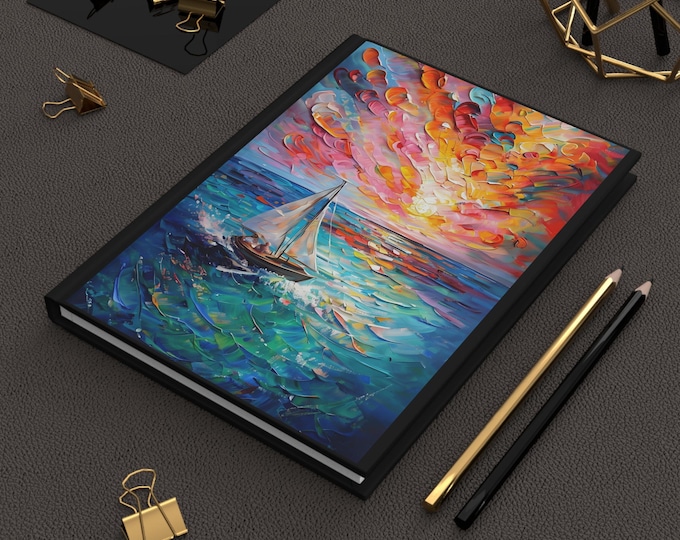 Hardcover Journal Matte, Boat in the Sea Abstract Oil Painting, Peaceful & Inspirational Notebook, Colorful Diary, Writing Journal, Art