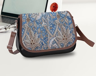 Leather Shoulder or Crossbody Bag, Morris Vintage Design, Blue & Silver Floral Art, Adjustable Detachable Strap, Large Capacity Purse