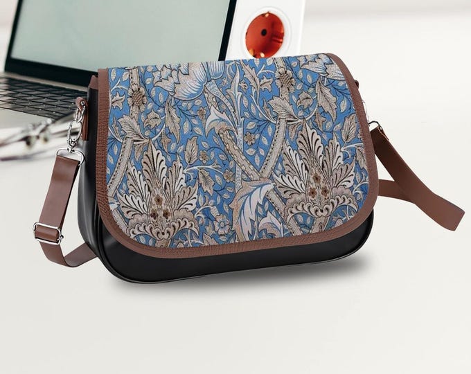 Leather Shoulder or Crossbody Bag, Morris Vintage Design, Blue & Silver Floral Art, Adjustable Detachable Strap, Large Capacity Purse