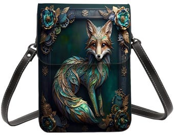 Steampunk Fox Leather Cell Phone Purse: Adjustable Crossbody Bag