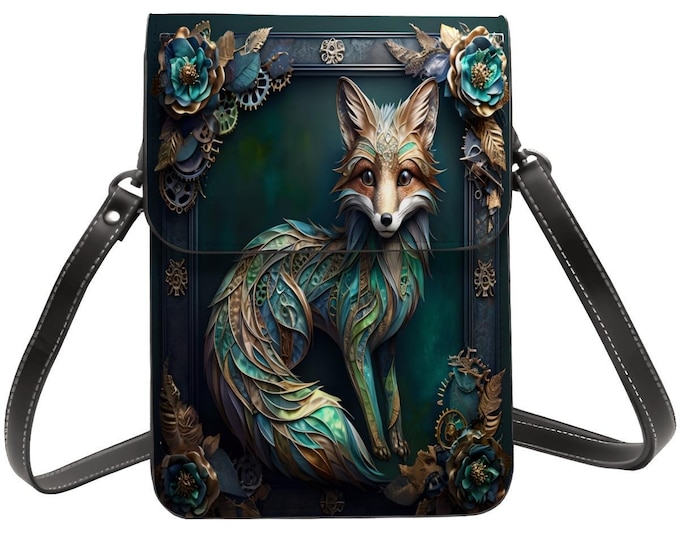 Fox, Leather Cell Phone Purse With Adjustable Crossbody or Shoulder Strap, Steampunk Fox with Flowers and Gears, Mechanical Gear Nature Art