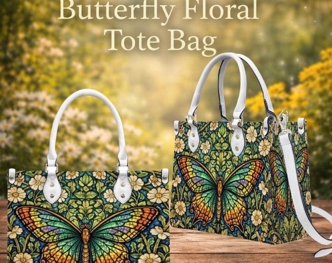 Stained Glass Butterfly Handbag, PU Leather Tote Bag, Nature Art Crossbody Purse, Butterfly Tote, Colorful Art Handbag