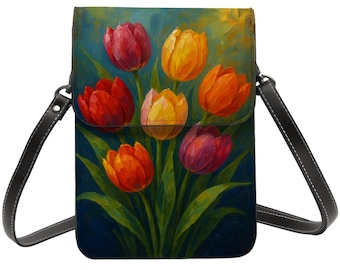 Floral Tulip Crossbody Phone Purse, PU Leather Travel Bag