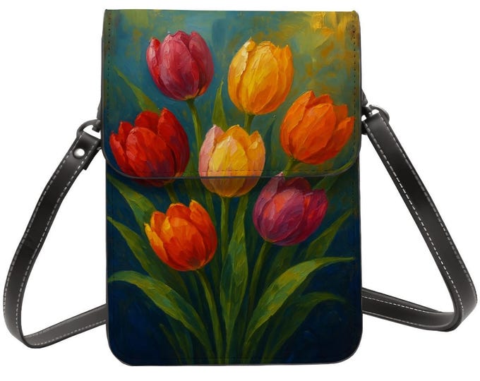 Floral Tulip Crossbody Phone Purse, PU Leather Travel Bag
