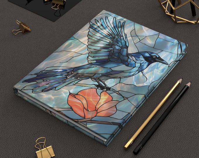 Hardcover Journal, Raven in Blue Stained Glass Design, Original Art Cover Notebook, Writing Diary Sketchbook, Gothic Crow