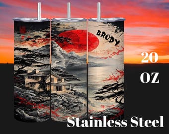 Lake House Stainless Steel Tumbler: Red Sun Art, Insulated 20oz