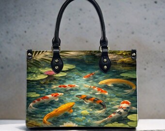 Koi Pond Leather Handbag, Nature Art Tote Bag, PU Leather Crossbody Purse, Tranquil Water Garden Bag, Zen Inspired Handbag