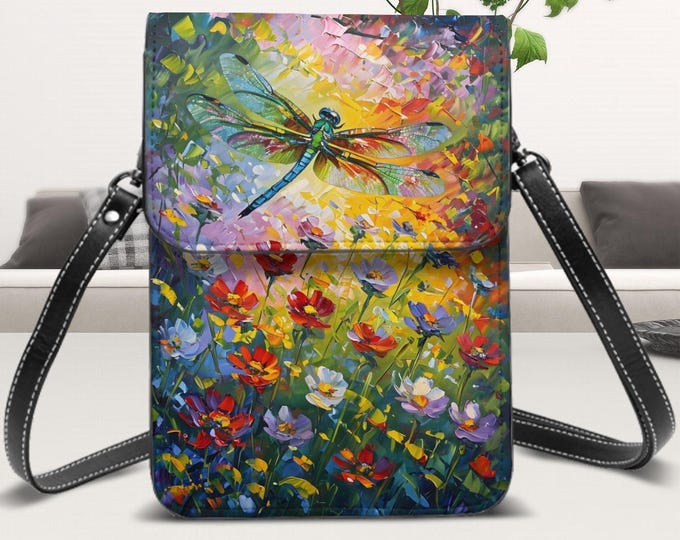 Colorful Artwork Cell Phone Purse With Shoulder Strap or Adjustable for Crossbody Wear, Original Design Dragonfly in a Field of Flowers