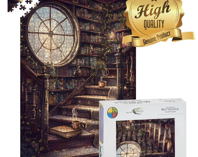 Library Stairs Wooden Jigsaw Puzzle - 500 or 1000 Pieces, Oak Wood Crafted, High-Quality Puzzle for Family Bonding and Relaxation