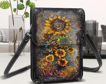 Steampunk Sunflowers, Leather Cell Phone Purse With Crossbody or Shoulder Strap,
