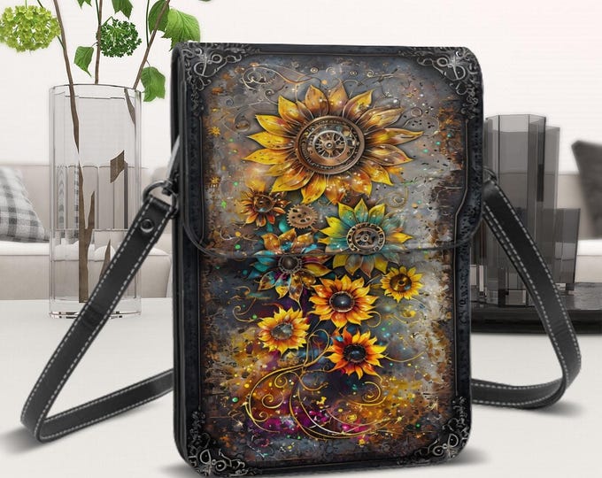Leather Cell Phone Purse With Shoulder Strap,  Steampunk Sunflowers