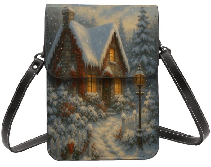 Winter Cabin Phone Purse, Snowy Cottage Crossbody Bag