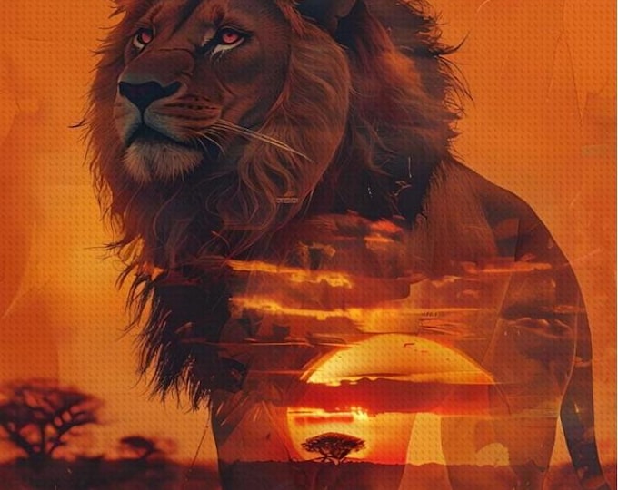Sunset Lion Diamond Painting Kit | DIY Full Craft Art Safari Inspired 16x20 | Nature Decor Free Shipping - Unique Home Gift Hobby Kit