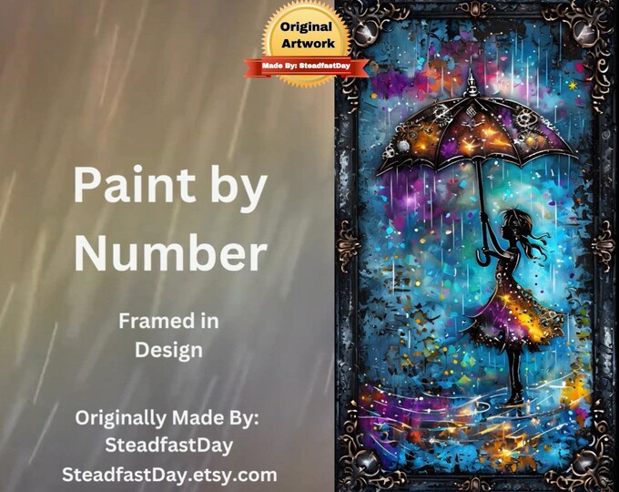 Vibrant Blues Paint by Numbers Kit, Girl with Umbrella, Framed Art with Stand, Adult Painting Set, DIY Decor, Color by Number, Original Art