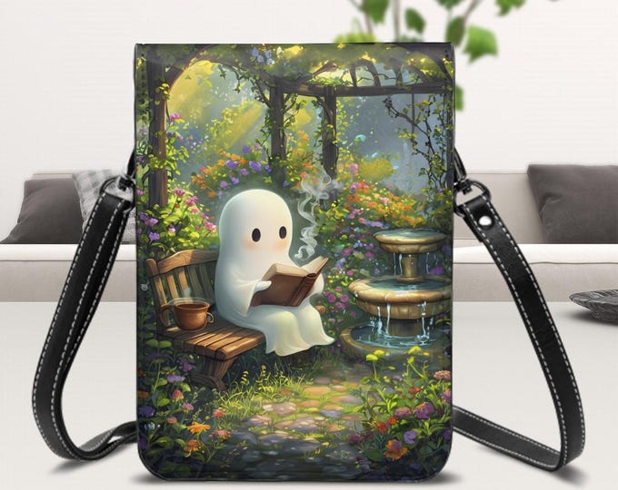 Ghostly Garden Design, Leather Cell Phone Purse With Shoulder Strap, Ghost Reading, Adjustable Stap for Shoulder or Crossbody Wear