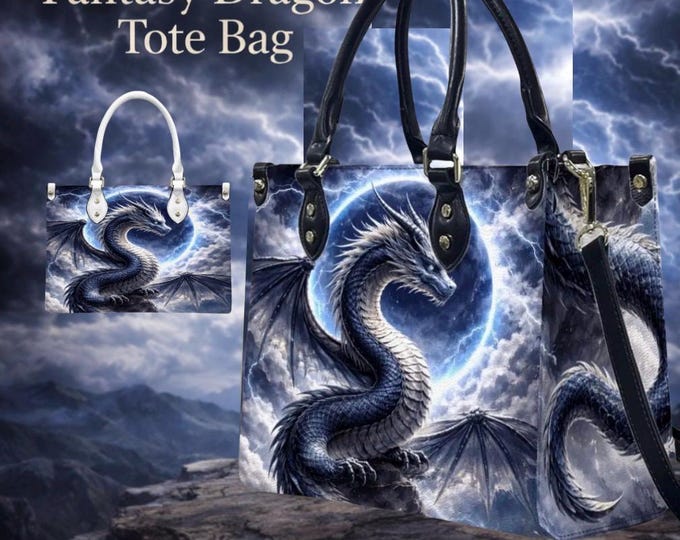 Blue Lightning Dragon Tote Bag, Fantasy Storm PU Leather Crossbody Purse