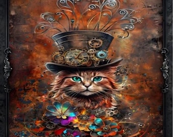Steampunk Orange Cat Paint by Number Kit: DIY Framed Canvas Art