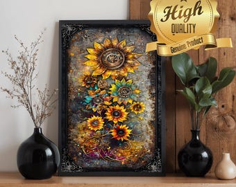 Steampunk Sunflower Wooden Jigsaw Puzzle, Vintage Art Flowers