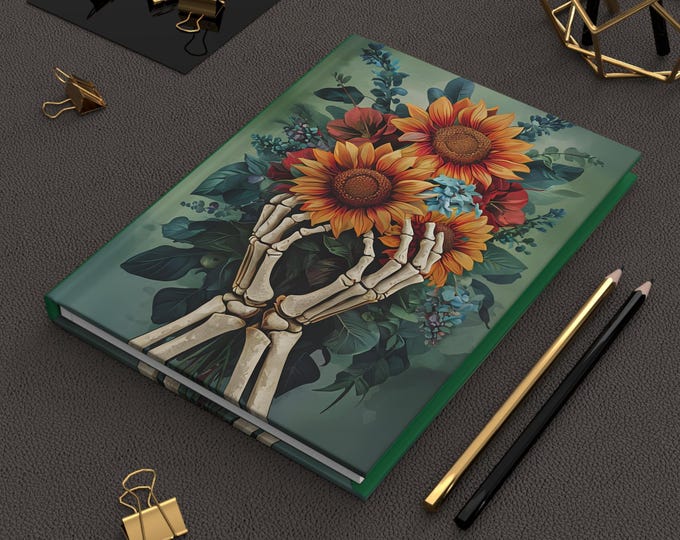 Remembrance Journal Matte with Bones & Sunflowers | Green Background Memory Book Diary Bullet Journal | Vibrant Colors Perforated Pages