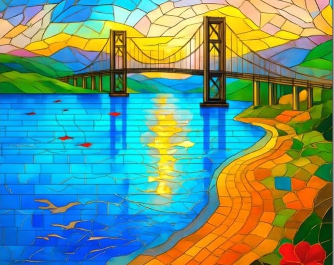 Bridge Sunset Stained Glass Art,  Framed or Frameless, Paint by Numbers Kit for Adults with Stand, Mosaic, Lake Michigan, Mackinac Bridge