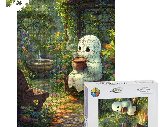 Ghost Drinking Coffee Wooden Jigsaw Puzzle: Family Entertainment (500 or 1000 Pieces