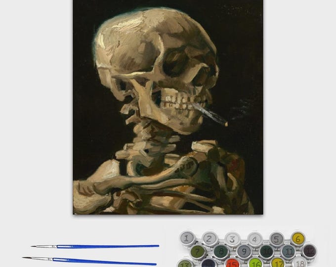 Skeleton Paint by Number Canvas – 16x20 Van Gogh Inspired Gothic Art Kit, Dark Academia Wall Art, Relaxing Adult Craft