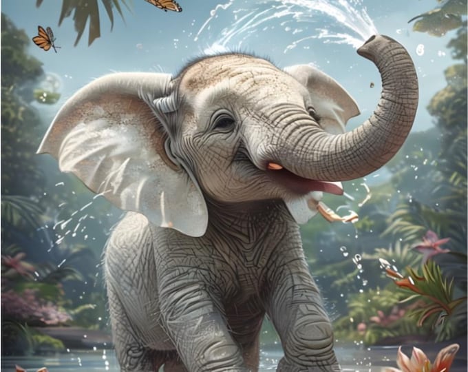 Elephant Paint by Numbers Kit: Tropical Paradise Scene, 48 Colors