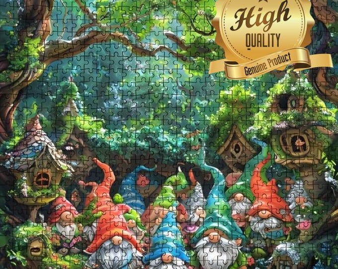 Gnomes in the Forest, Wooden Jigsaw Puzzles 500 or 1000 pieces, Hobbit Gnome Fantasy Magical World, Precision Cut Oak Wood, High Quality