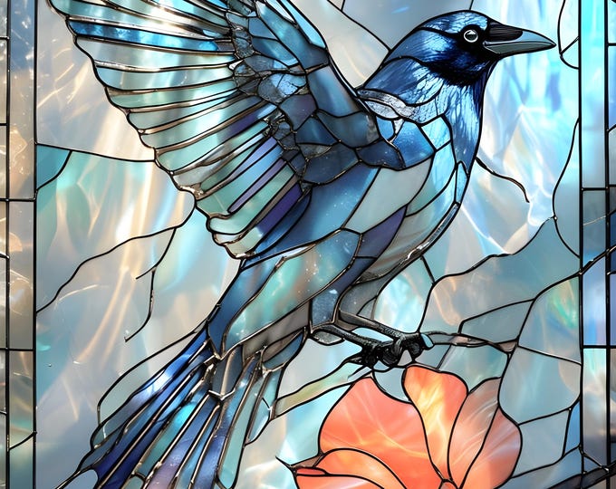 Diamond Painting, Raven Stained Glass, DIY, Diamond Painting with Frame, Framed Canvas, 20"x28” or 16”x20”, Diamond Art, iridescent bird