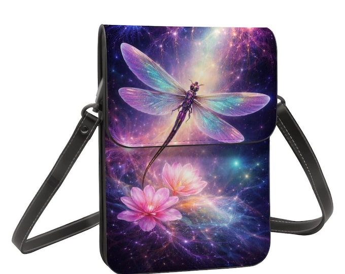 Dragonfly Cell Phone Purse Crossbody – Fantasy Galaxy Phone Bag, Adjustable Shoulder Strap, PU Leather, 3 pockets