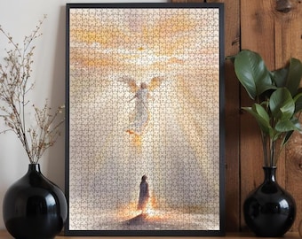 Oak Wood Jigsaw Puzzle: Guardian Angel Visit, Christian Gift (500 or 1000 Pieces)