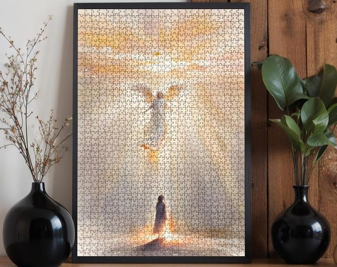 Oak Wood Jigsaw Puzzle: Guardian Angel Visit, Christian Gift (500 or 1000 Pieces)