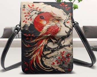Phoenix, Asian Art Leather Cell Phone Purse: Adjustable Shoulder or Crossbody Bag