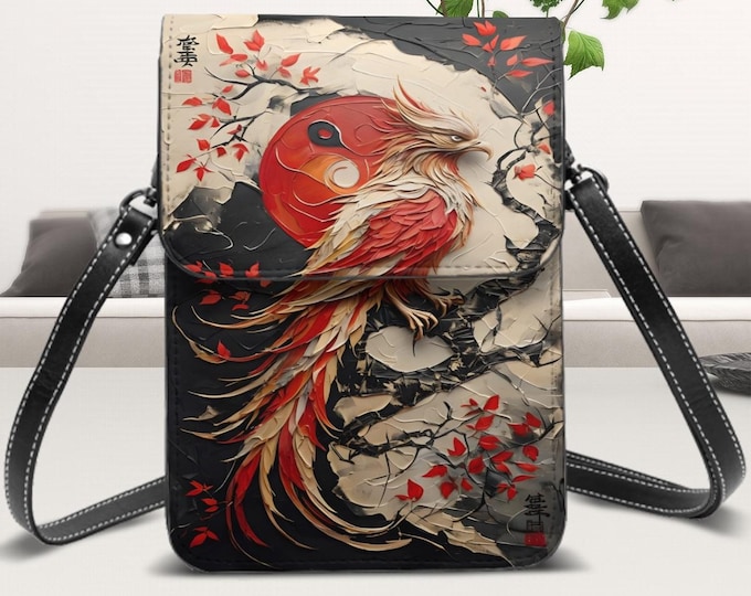 Leather Cell Phone Purse With Shoulder Strap, Phoenix Artwork, Original Art Design
