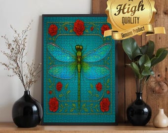 Dragonfly & Roses Wooden Jigsaw Puzzle | Boho Art, 500/1000 Pieces