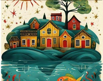 Whimsical Island Village Diamond Painting Kit – DIY Home Decor Art