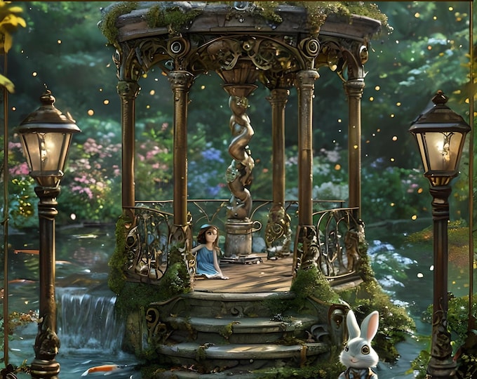 Wonderland Diamond Painting Kit: Girl, Rabbit, Waterfall Garden 20x28, 16x20 or 12x16, Framed or Frameless Canvas Art, Hand Poured Glue