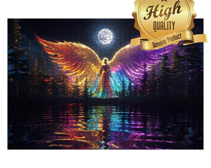 Angel over Forest Jigsaw Puzzles, 500 or 1000 Pieces, Colorful Angel Watching over the Forest during a Full Moon art design puzzle, Nature